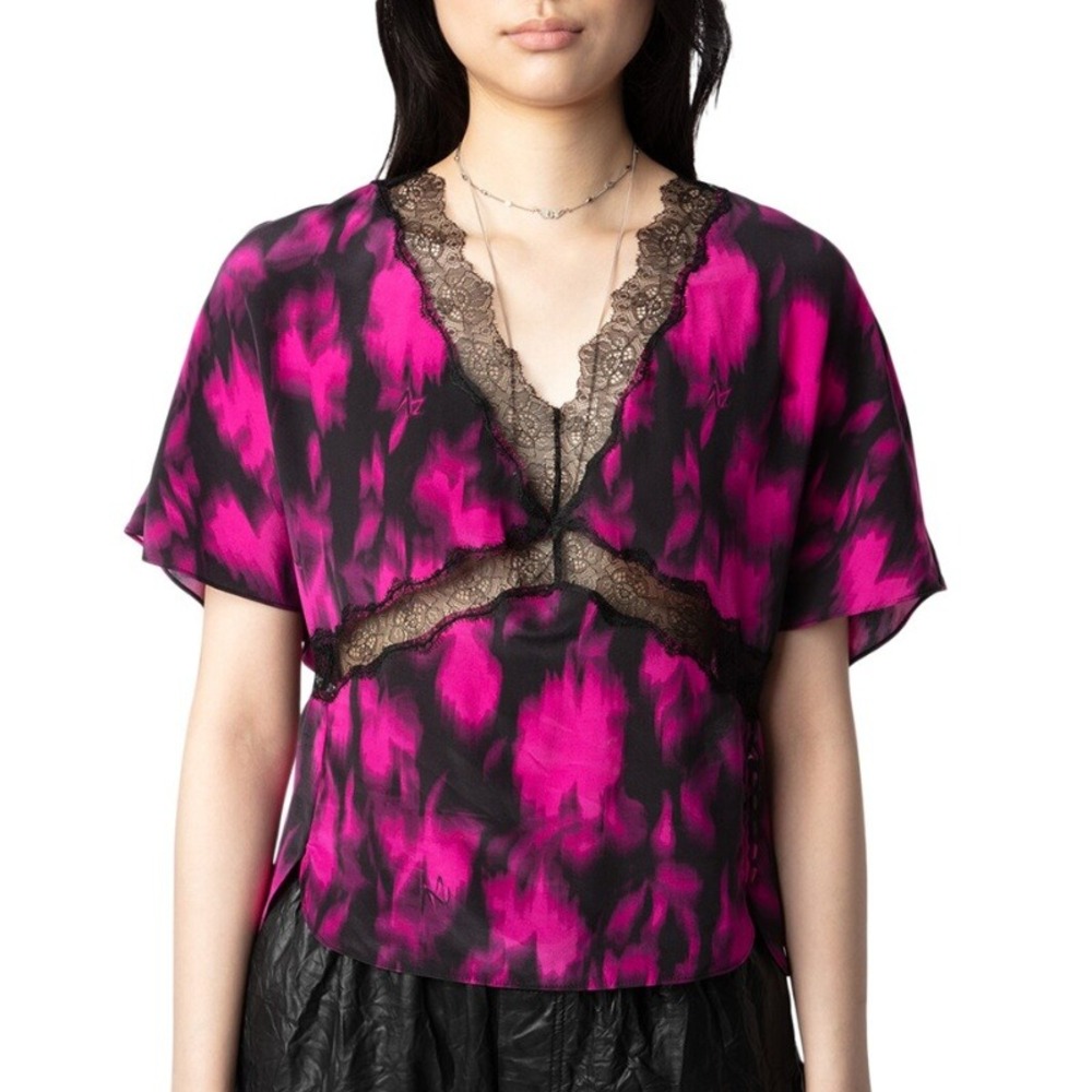Zadig & Voltaire Tzar Blouse Silk Lace Trim Printed‎ Top Noir NWT Size Large